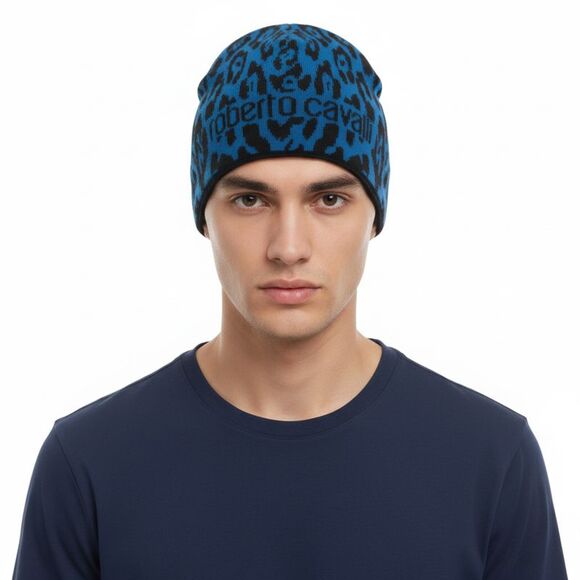 Roberto CavalliESZ026 D0174 Black/Aquamarine Jaguar Beanie Hat